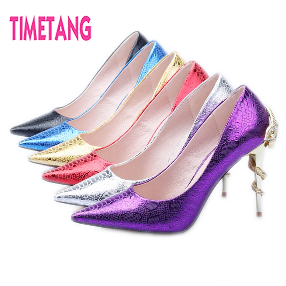 

TIMETANG Sexy Women Pumps Unique Metal Crystal Snake Decoration Fashion Pointed Toe High Heel Shallow Mouth Party Shoes/Stiletto