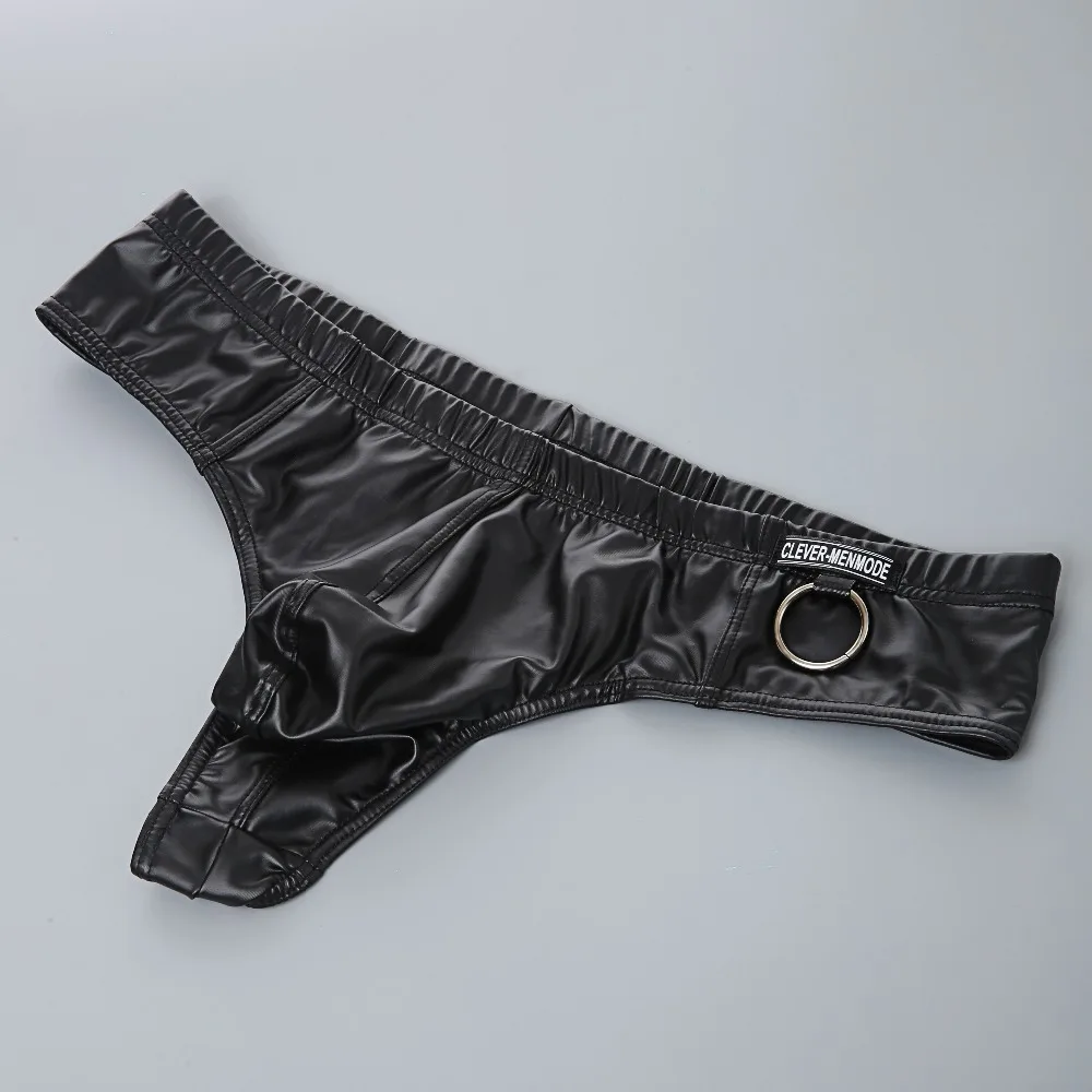 CLEVER-MENMODE Black Sexy Faux Leather Underwear Men Thong Erotic Lingerie Elastic Underpants T-back cueca Panties Metal Ring