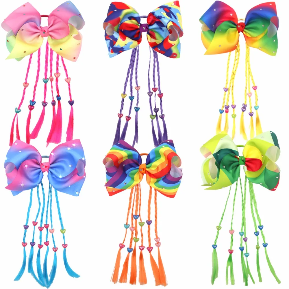 1Pcs 8 Inches Kids Big Rainbow Bows Hair Ties Girls Hair Bows Braids Colorful Twist Tie Wigs Ponytail Kids Hair Accessories