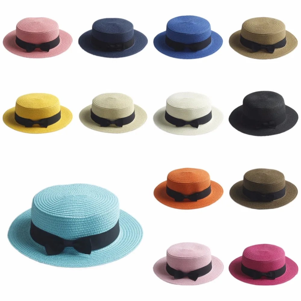 Mistdawn śliczne dzieci dziewczyny chłopcy dzieci lato słomkowy melonik Derby kapelusz okrągły płaski rondo Boater Cap Beach Sunhat