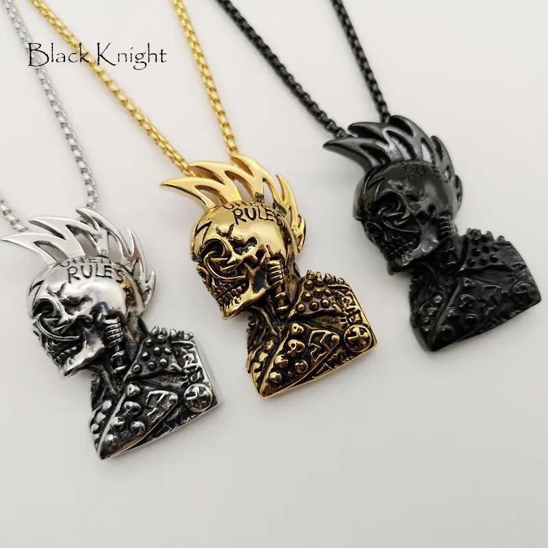 

Black Knight Hip Hop rock punk skull pendant necklace mens cool Gold color stainless steel punk skull necklace fashion BLKN0736