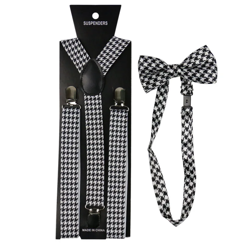 คุณภาพสูง 2.5 ซม. กว้างสีดำสีขาว Houndstooth Men สตรี Suspenders Bow Tie ชุดยืดหยุ่นและ Bowtie เสื้อ brac