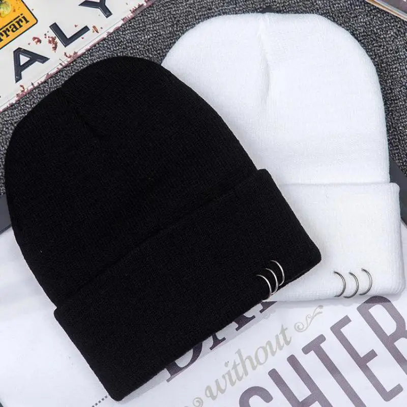 COKK Autumn Winter Hats For Women Girls Knitted Cap With Ring Hip Hop Korean Bonnet Beanie Hat Female Stretch Hats Gorras Black