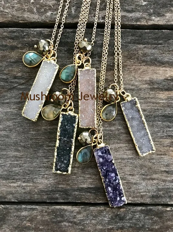 

Boho Pyrite Natural Druzy Agate Amethysts Bar labradorite Charm Chain Necklace