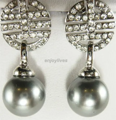 Hot sale new Style Gray Shell Pearl Chinese Fortune Longevity White  Crystal Earrings -Top quality free shipping