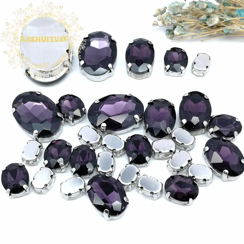 Silver Claw Setting 30pcs/Bag  Deep Purple Oval Shapes Mix Clear Gass Crystal Sew On Rhinestone Wedding Dress Shoes Bag Diy Trim