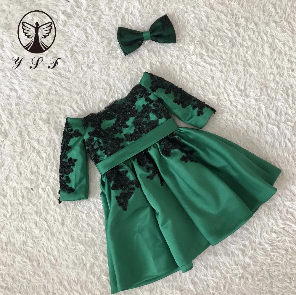 Lovely Dark Green O Neck Appliqued Beaded Lace Long Sleeve Bow Pleated Little Girl Dress