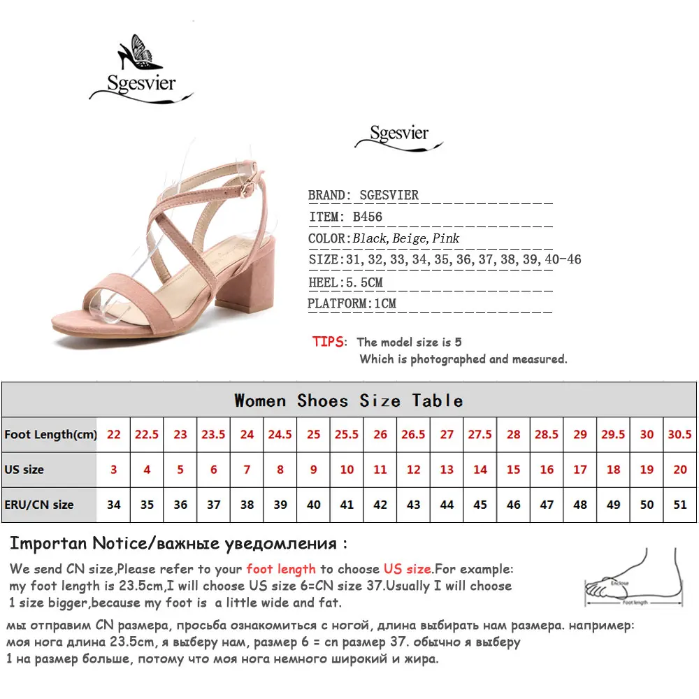 Sgesvier Women Sandals Flock Thick High Heels Rome Strips Female Lady Buckle Straps Summer Shoes Woman Large Size 31-46 B456