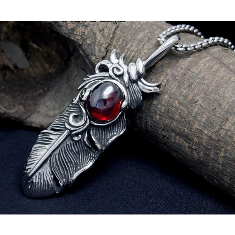 Red Opal pomegranate stainless steel feather pendant man necklace fashion mens jewelry