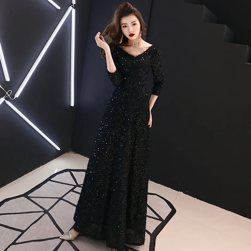 Customized New Evening Dresses The Bride Retro Elegant Black Lace Long Sleeved Party Gown Custom Prom Formal Dresses WY1452