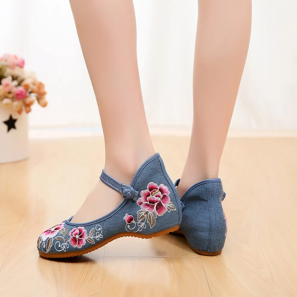 Veowalk Floral Embroidered Women Cotton Fabric Ballet Flats Strengthen Sole Elegant Ladies Casual Walking Shoes Breathable