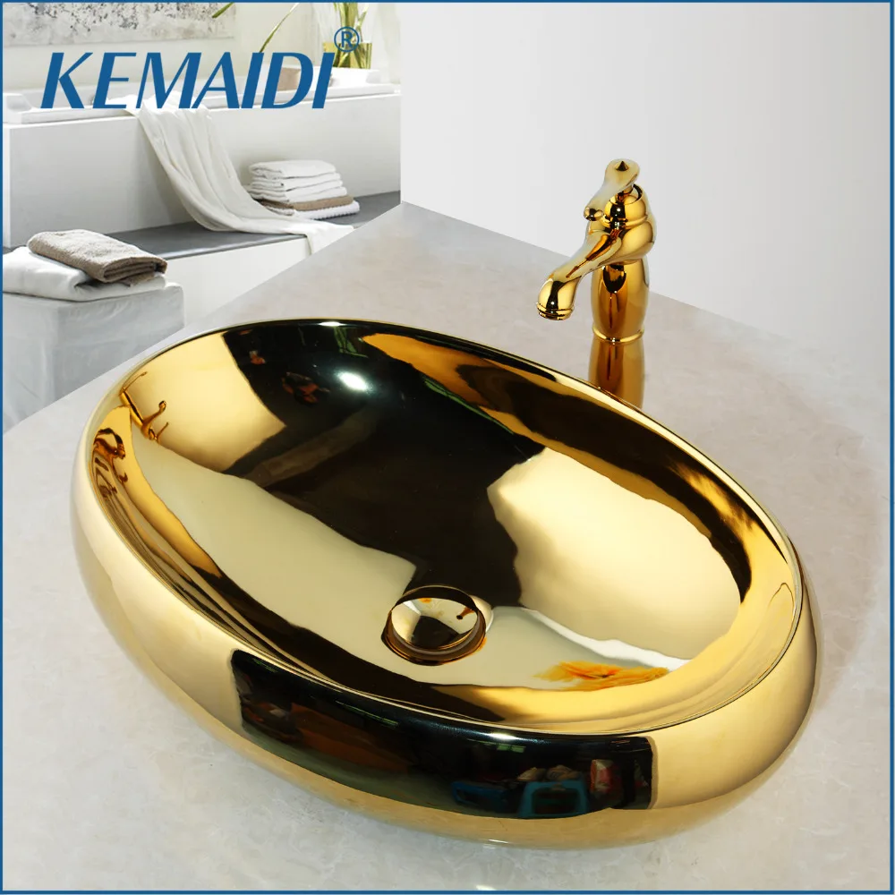 KEMAIDI Ceramic Basin Sink & Polished Golden Faucet Tap Set  Paint Bowl Sinks / Vessel Basins With Washbasin