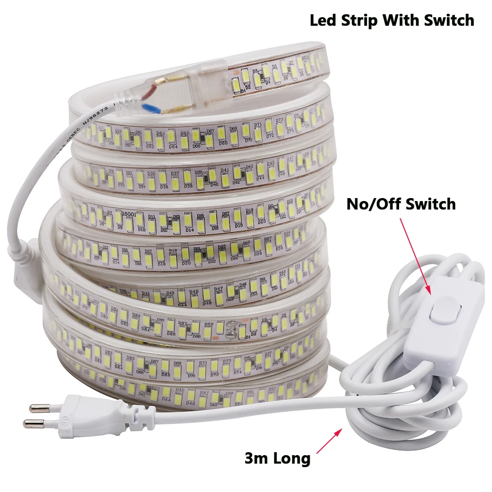 220V 5630 led strip light with dimmer or ON/OFF switch Waterproof flexible led tape 180leds/m outdoor garden lighting EU plug