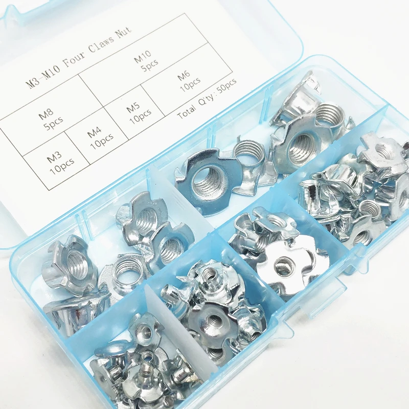 50Pcs Four Claw Female Furniture Nut Kit M3 M4 M5 M6 M8 M10 M12 Speaker nut T-nut Blind Pronged Tee Nut Furniture Hardware kit