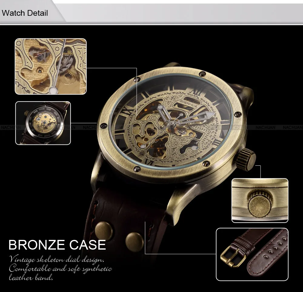 Orologi automatici in bronzo Vintage da uomo scheletro cinturino in pelle marrone orologio meccanico maschile Relogio Masculino orologi da polso da