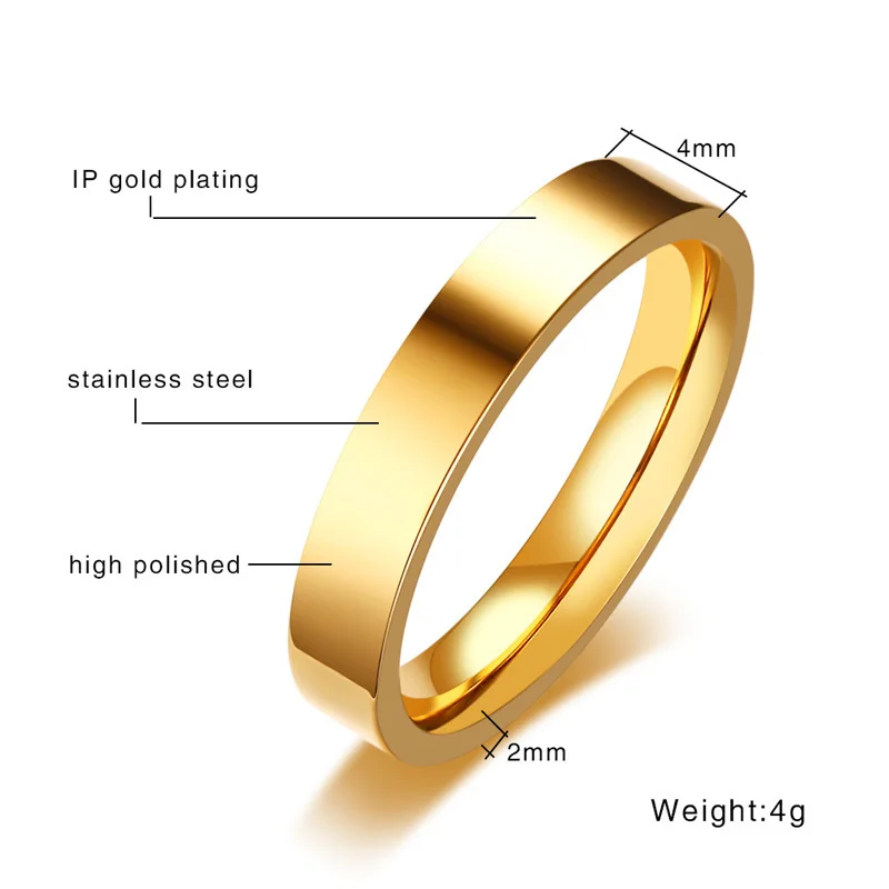 Vnox Classic 4mm Unisex Ring Stainless Steel Simple Alliance for Women Men Trendy Jewelry Rose Gold Color Wedding Band