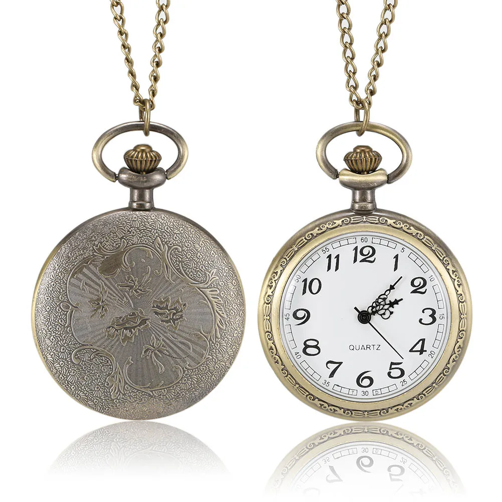 1 Pcs Men Women Bronze Quartz Pocket Watch Carved Case with Chain vintage interesting birthday father's day present