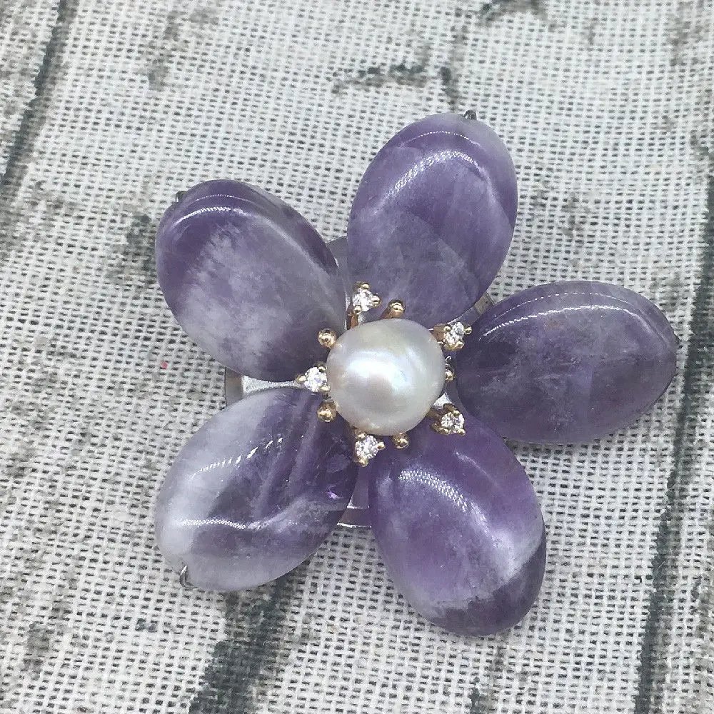 Natural Amethyst White Real Pearl Gold Stamen Flower Design Brooch Pin