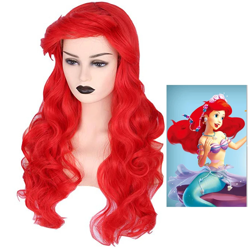 Parrucca ondulata rossa della Sirenetta Cosplay Comic Ariel Cosplay Parrucche anime + cappuccio per parrucca