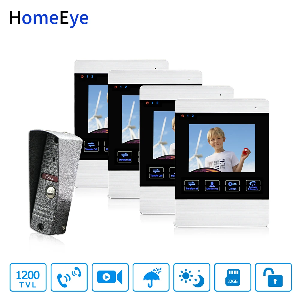 HomeEye 4-Wired Video Door Phone Video Intercom Touch Button Doorbell Camera 4'' Monitor Video Record OSD Menu 1-4 Access System