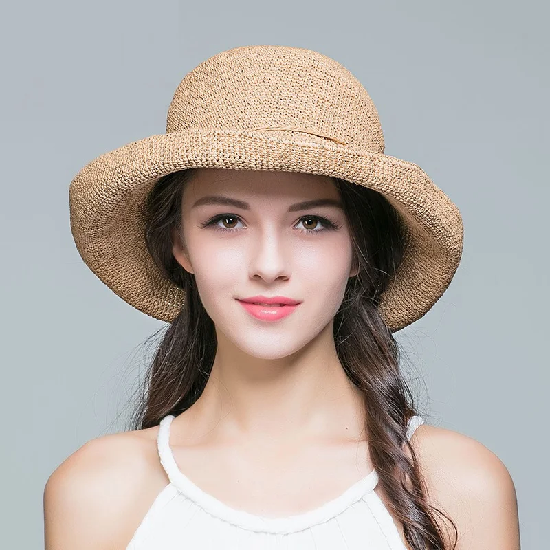 New Arrival Sun Cap Wide Brim Lady Fashion Beach Hat Female Summer Foldable Brim Curling Straw Cap Students Travel Cap B-7577