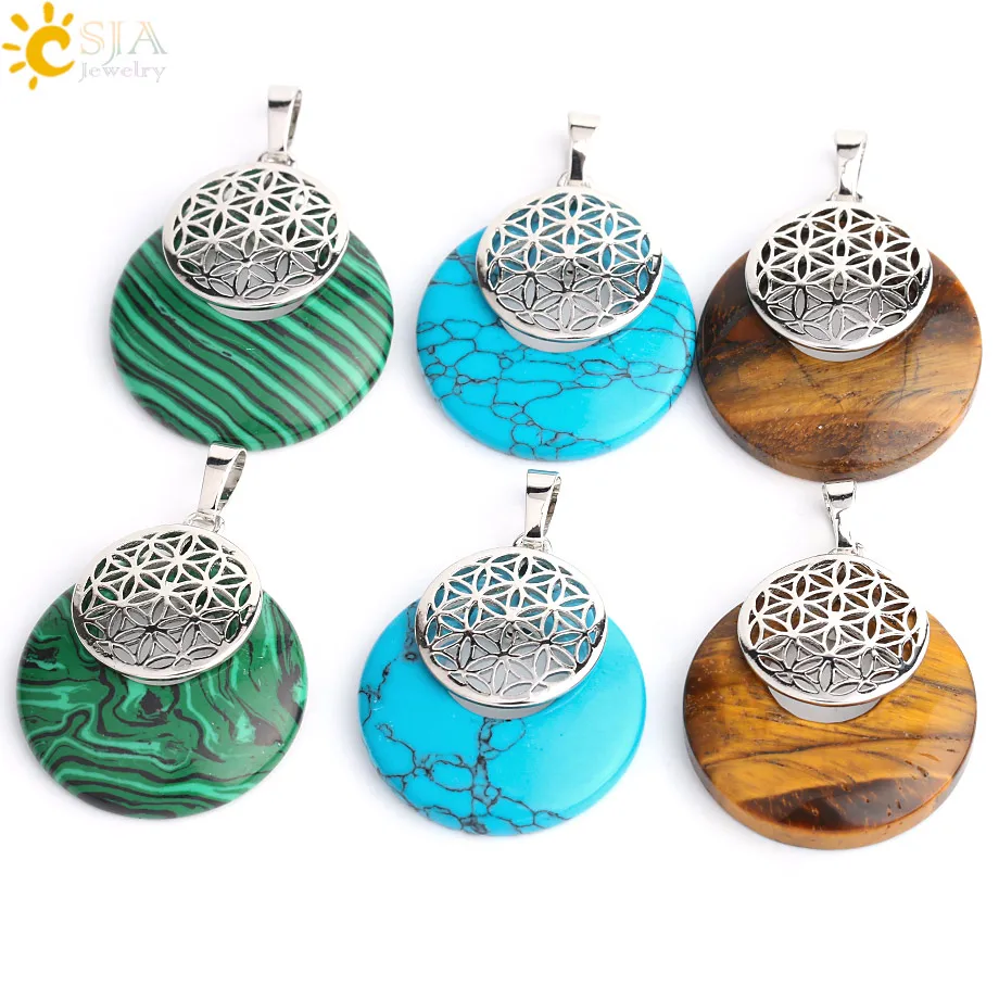 CSJA Flower of Life Pendant Yoga Chakra Healing Natural Stone Quartz Mandala Pendants for Necklaces Women Men Reiki Jewelry G051