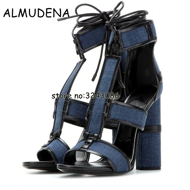 Hot Sale Lace Up Velvet Suede Women Patchwork Sandals Ankle Wrap Chunky Heels Sandals Shoes T-strap Lady High Heels Shoes