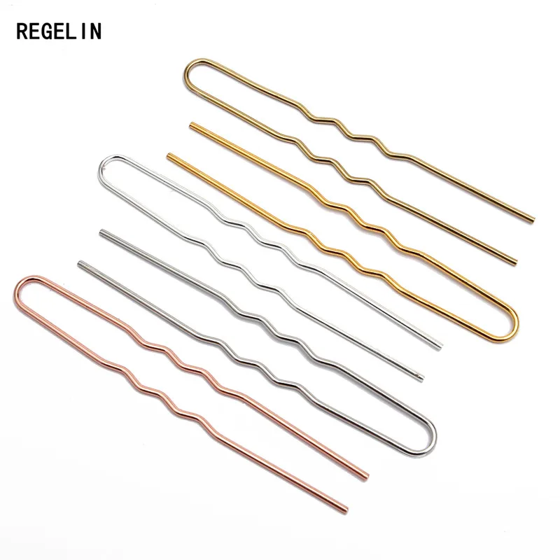 REGELIN 70mm*1.2mm Raw Brass Rose Gold Color Hair Sticks U shape Hair Pins Blank Base Setting For Women Jewelry Bulks 50pcs/lot