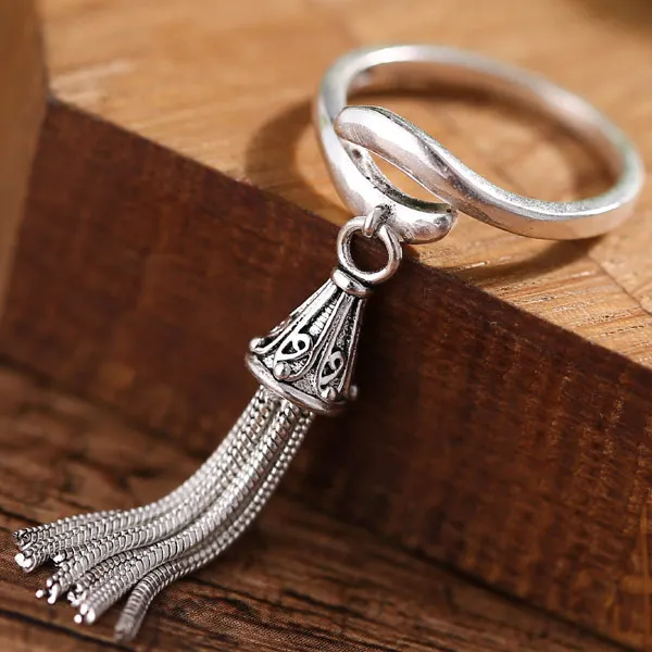 Hot Fashion Royal Barque Long Chain Vintage Silver Tassel Tail Ring for Women Accessories