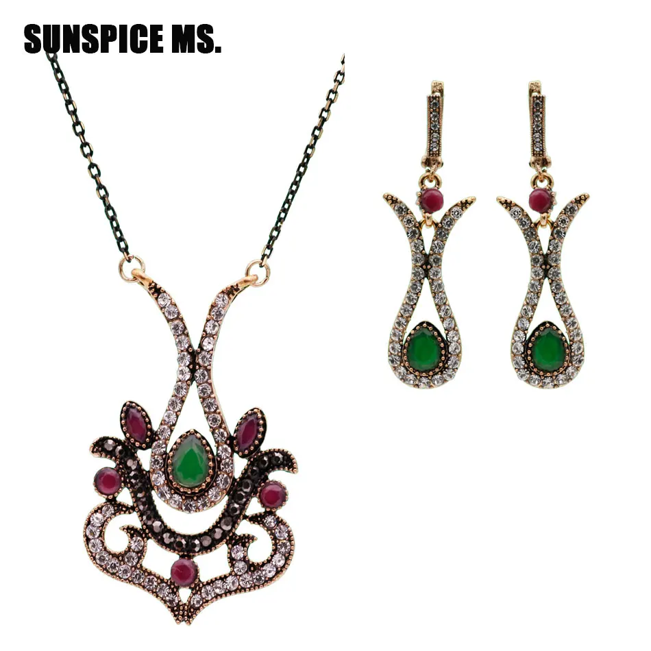 SUNSPICEMS Ethnic Turkish Full Crystal Jewelry Sets Women Ethnic Wedding Jewelry Long Drop Earring Pendant Necklace Bridal Gift