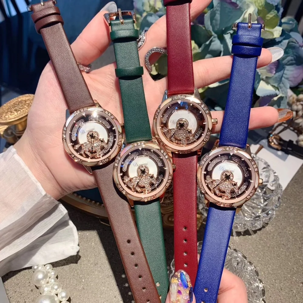 GOOD LUCK Rotating Horse Women Dress Watches Waterproof Genuine Leather Strap Watch Quartz Spinning Animal Montre Crystals 3Bar