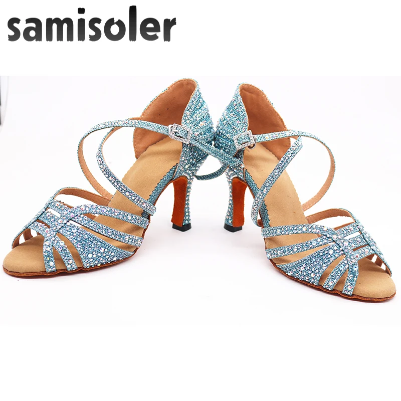 Samisoler  blue Rhinestone ballroom dance shoes women Salsa dance shoes women Professional tango Latin Shoes style high heels