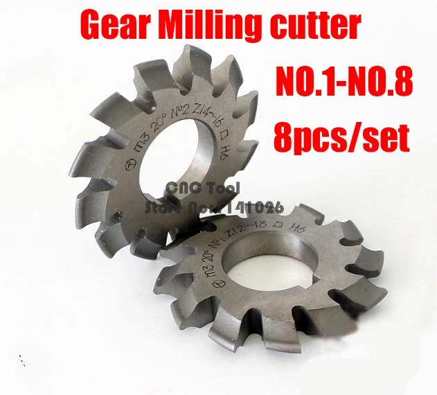 

8PCS M0.4/M0.5/M0.6/M0.7/M0.8/M1/M1.25/M1.5/M2/M3/M4 Modulus PA20 degrees NO.1-NO.8 HSS Gear Milling cutter Gear cutting tools