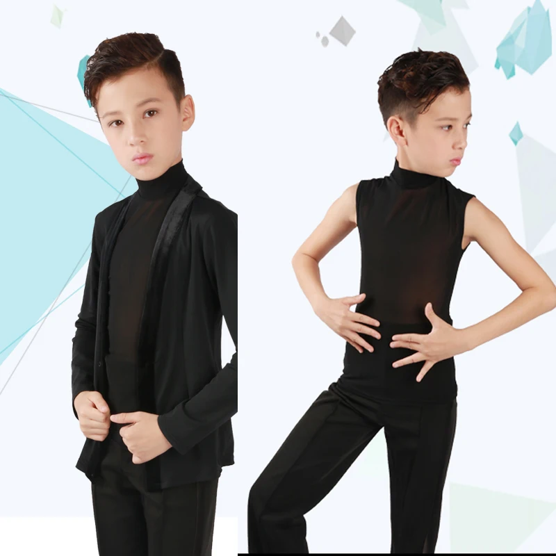 Cheap Boys Ballroom Latin Dance Tops Children\'S Standard Rumba Cha Cha Latino Dancing Clothes Vest Jacket 2 Pieces Set DWY1131