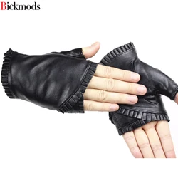 Nữ Fingerless Găng Tay Da Nhăn Ren Phong Cách Bán Chỉ Găng Tay Da Cừu Thể Thao Đi Xe Lái Xe