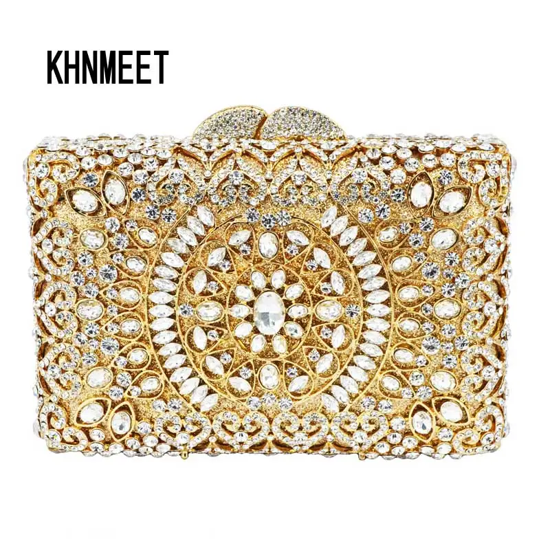 

KHNMEET Golden Women Box Shape diamante banquet Bag Purse Silver Luxury diamond crystal evening bag ladies clutch bag SC121