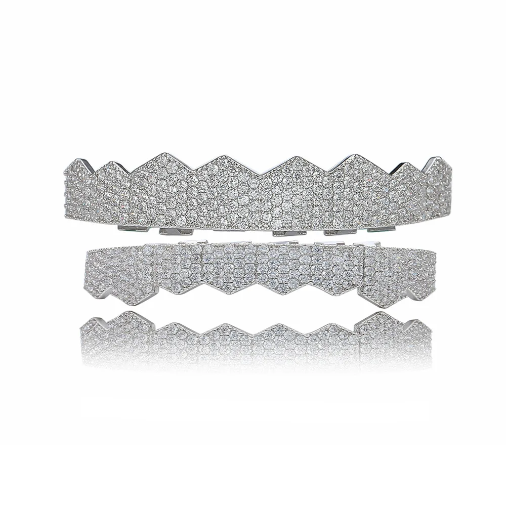 

Hip Hop Micro Pave White CZ Zircon Bling Iced Out Teeth Grillzs Top Bottom Set Flat Dental Grills Men Rapper Jewelry