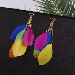 JIOFREE Bohemia Fashion Jewelry multicolou Feather Clip on Earrings Non Piercing for Women Long Tassel Feather Earrings