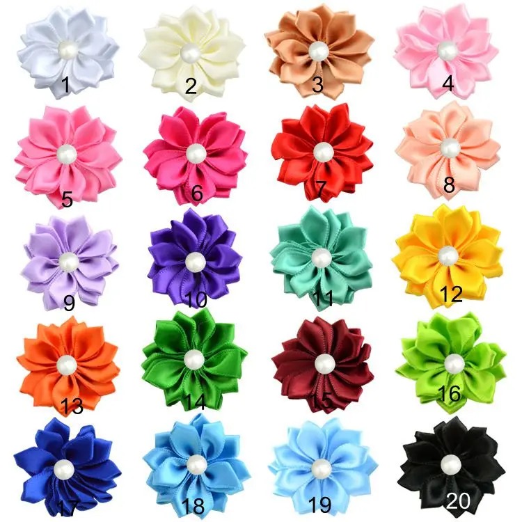 

1.6" 20pcs/lot 16 Petaled Rosette Satin Ribbon Flowers With Half Pearl Used for Baby Diy Headband Clips Hair Accessories