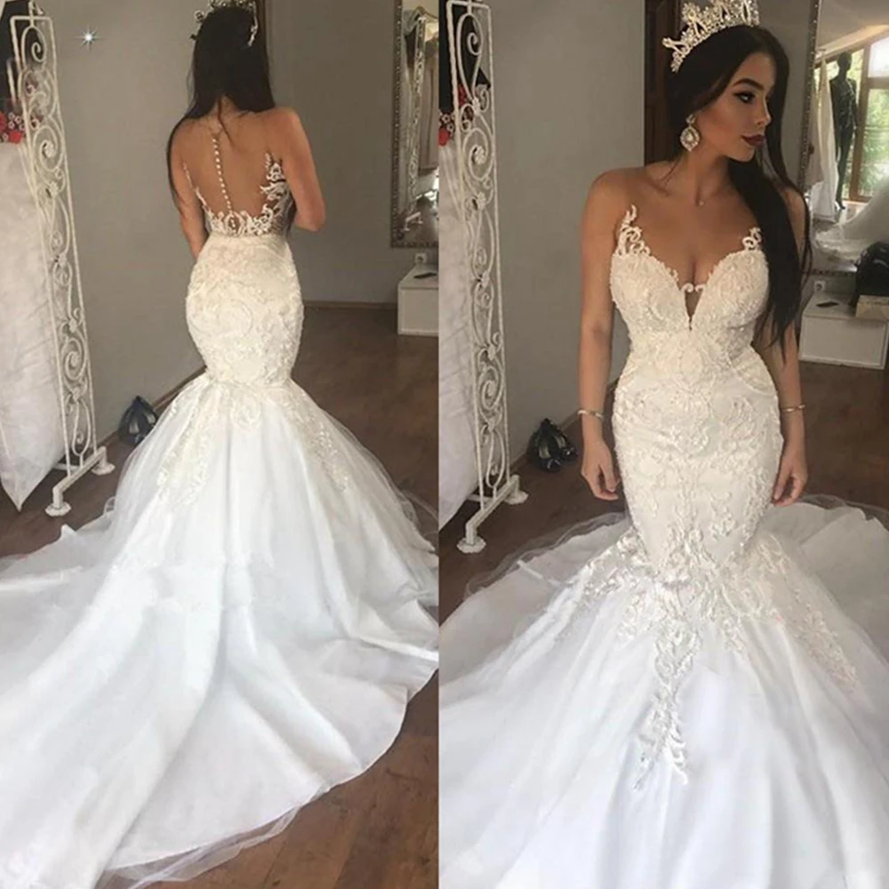 2021 New Illusion Neck Lace Appliques Mermaid Wedding Dresses Hollow Button Back Beading Pearls Tulle Bridal Gowns Custom Made