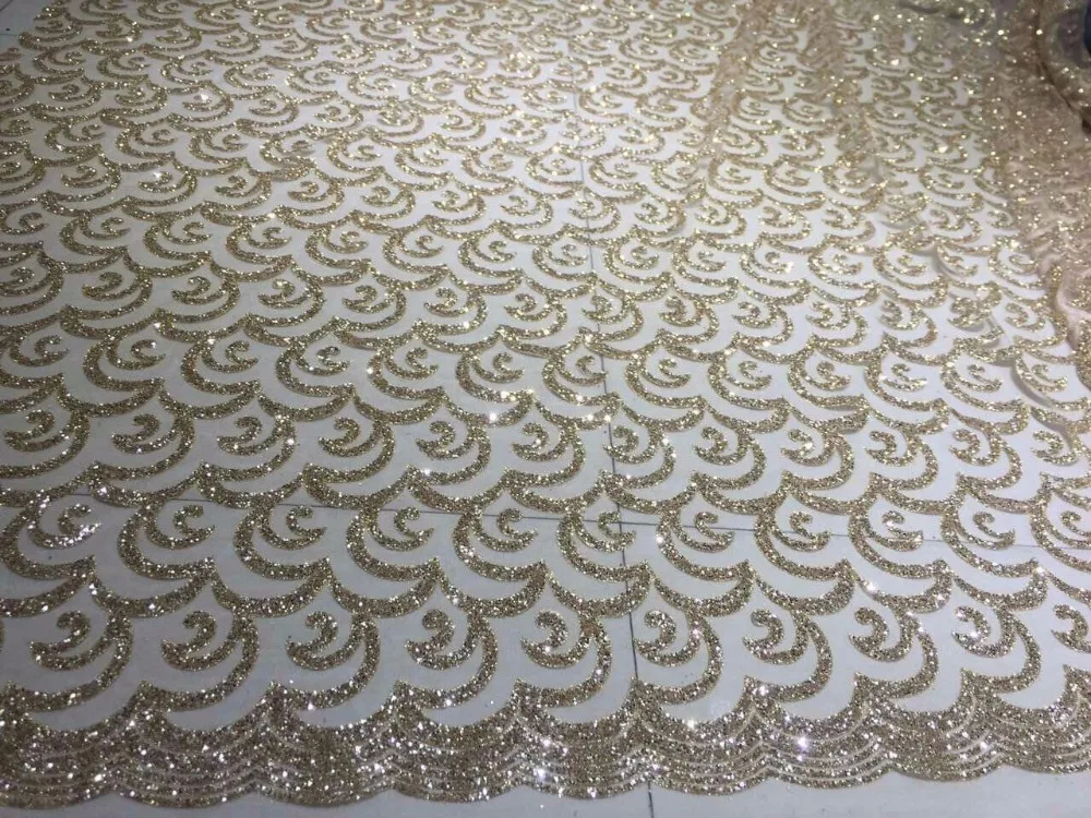 

Gold color glued glitter sequins lace african lace fabric glued glitter materials good quality for wedding party dress