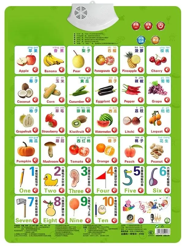 Fruit Vegeatable Number 1-10 Learning Card Book Baby Sound Wall Chart Early Educational Enlightenment Electronic Toys For Kid