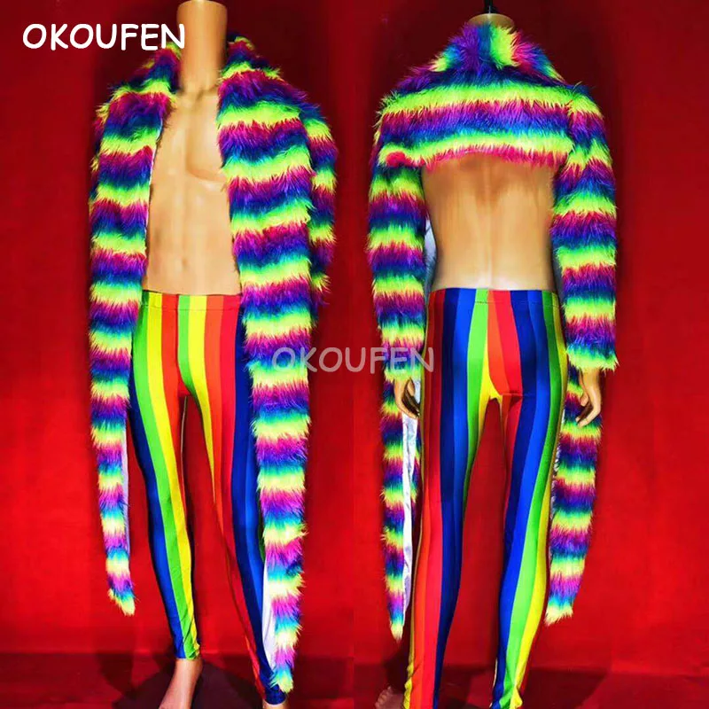 

Fashion New Fluorescent Rainbow Long Fur Coat Christmas Costume Set Bar Nightclub Male Singer DJ DS stage performance clothing