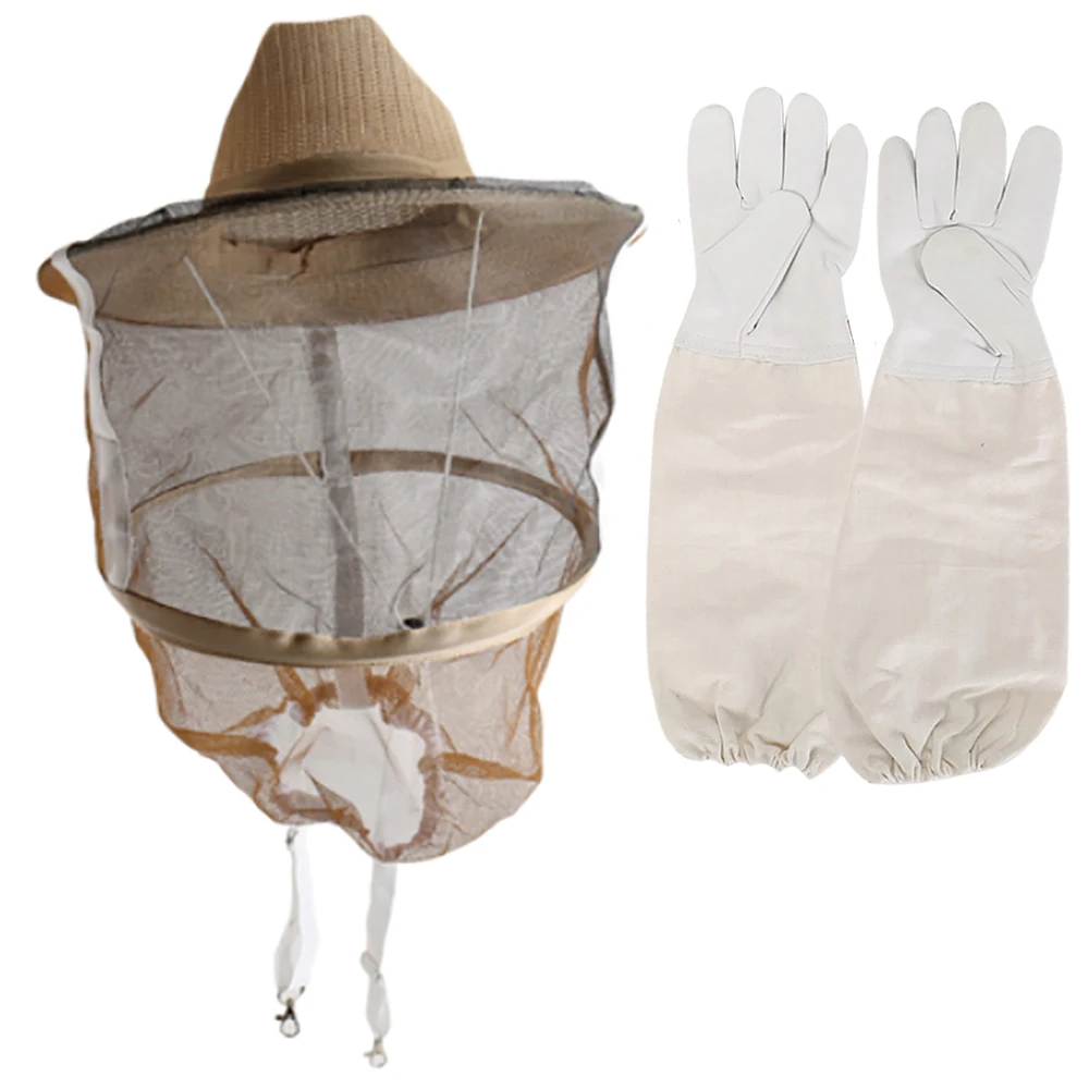 

1set Apicultor Protection Facial Kit Beekeeping Hat Gloves Glove Veil Beekeeper Equipment Bees Tools Goatskin Canvas Long Sleeve