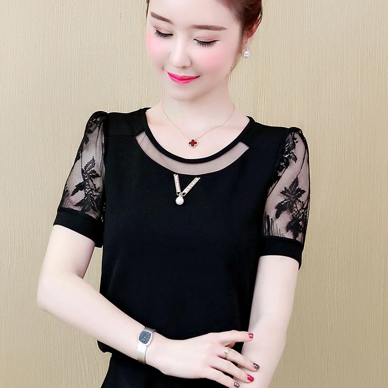 Women Spring Summer Style Chiffon Blouses Shirts Lady Casual Lace Short Sleeve O-Neck Blusas Tops DF2786