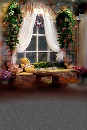 

VinylBDS 5X7FT Christmas Backgrounds Winnie The Curtains Wreath Roundtable Photography Backdrops Photo