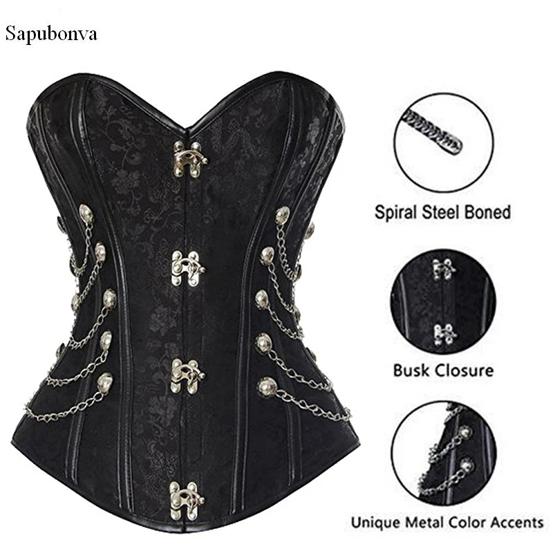 Sapubonva steampunk corsets and bustiers plus size black brown leather corset steel bone spiral tops chain gothic pirate vintage