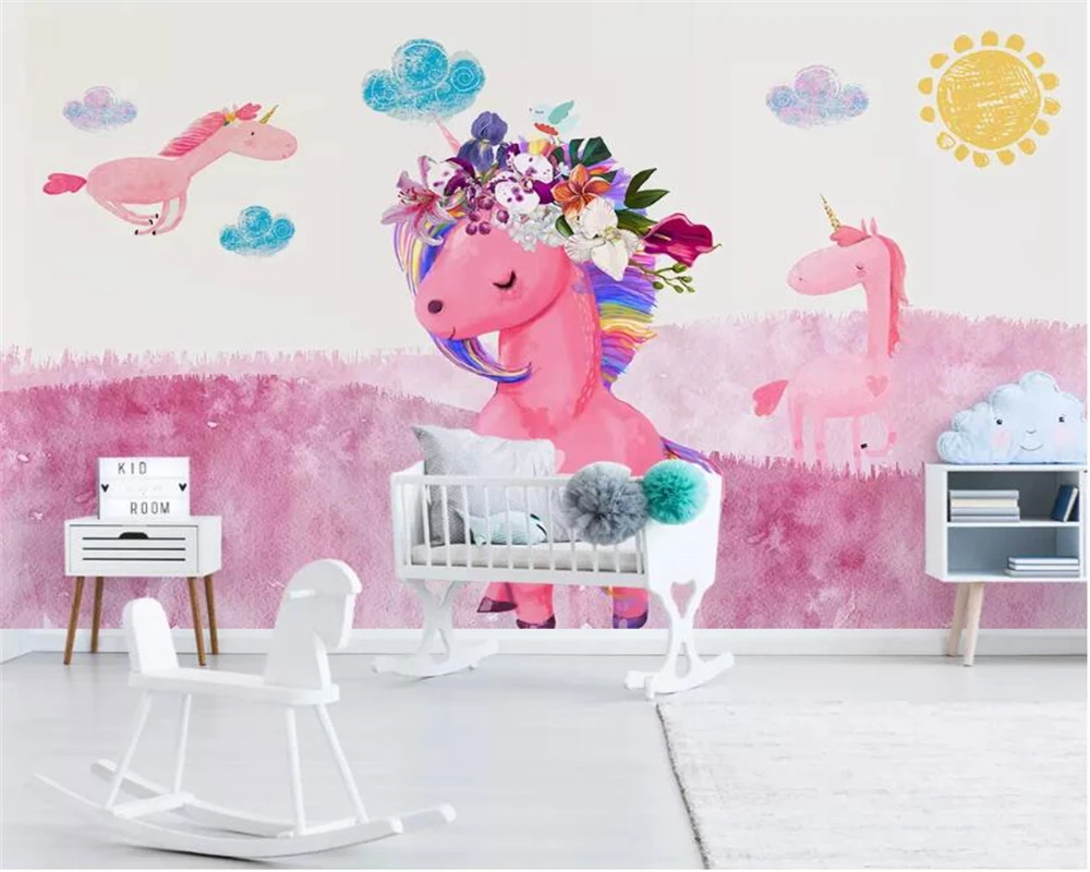 

Custom photo wallpaper mural modern minimalist hand-painted pink unicorn children's room background wall 3d wallpaper