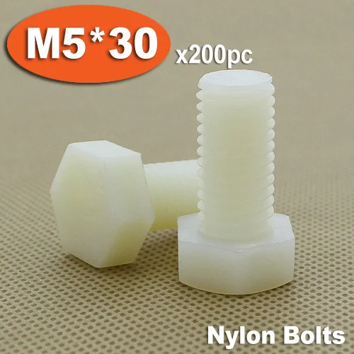 

200pcs DIN933 M5 x 30 Fully Threaded White Plastic Nylon Bolts Hexagon Hex Head Bolt Set Screw Setscrews
