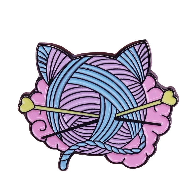 Cute cat head yarn enamel pin love heart knitting needles brooch pastel art badge creative knitters flair jewelry craft access